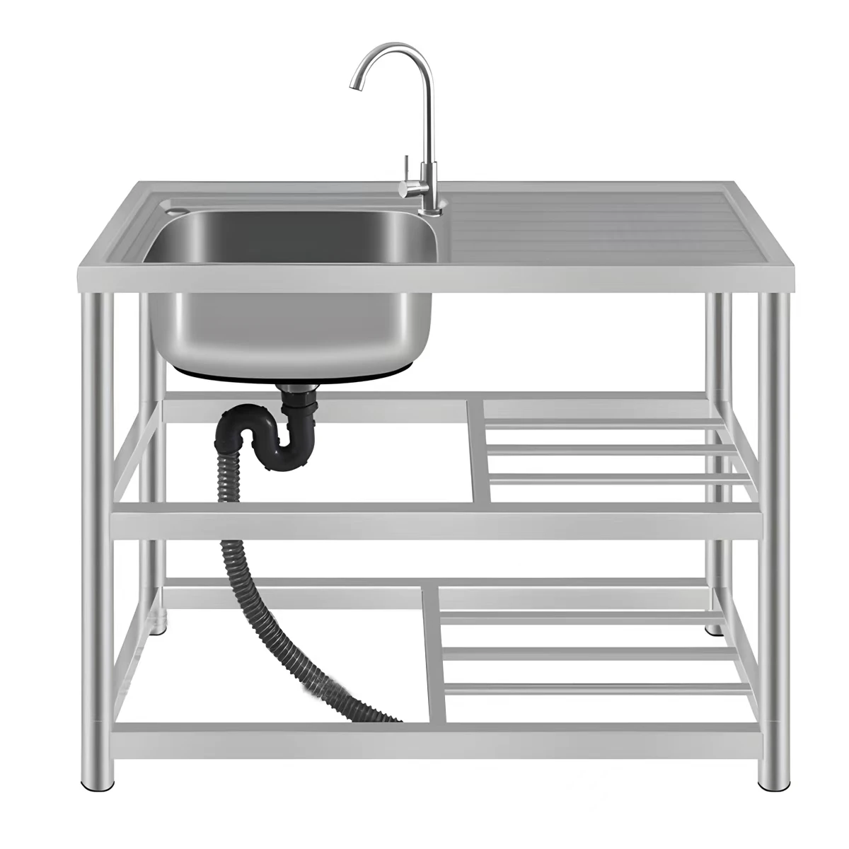 Free Standing Washing Sink Home Used Stainless Steel Sink with Double Bowl and Bottom Storage Shelf