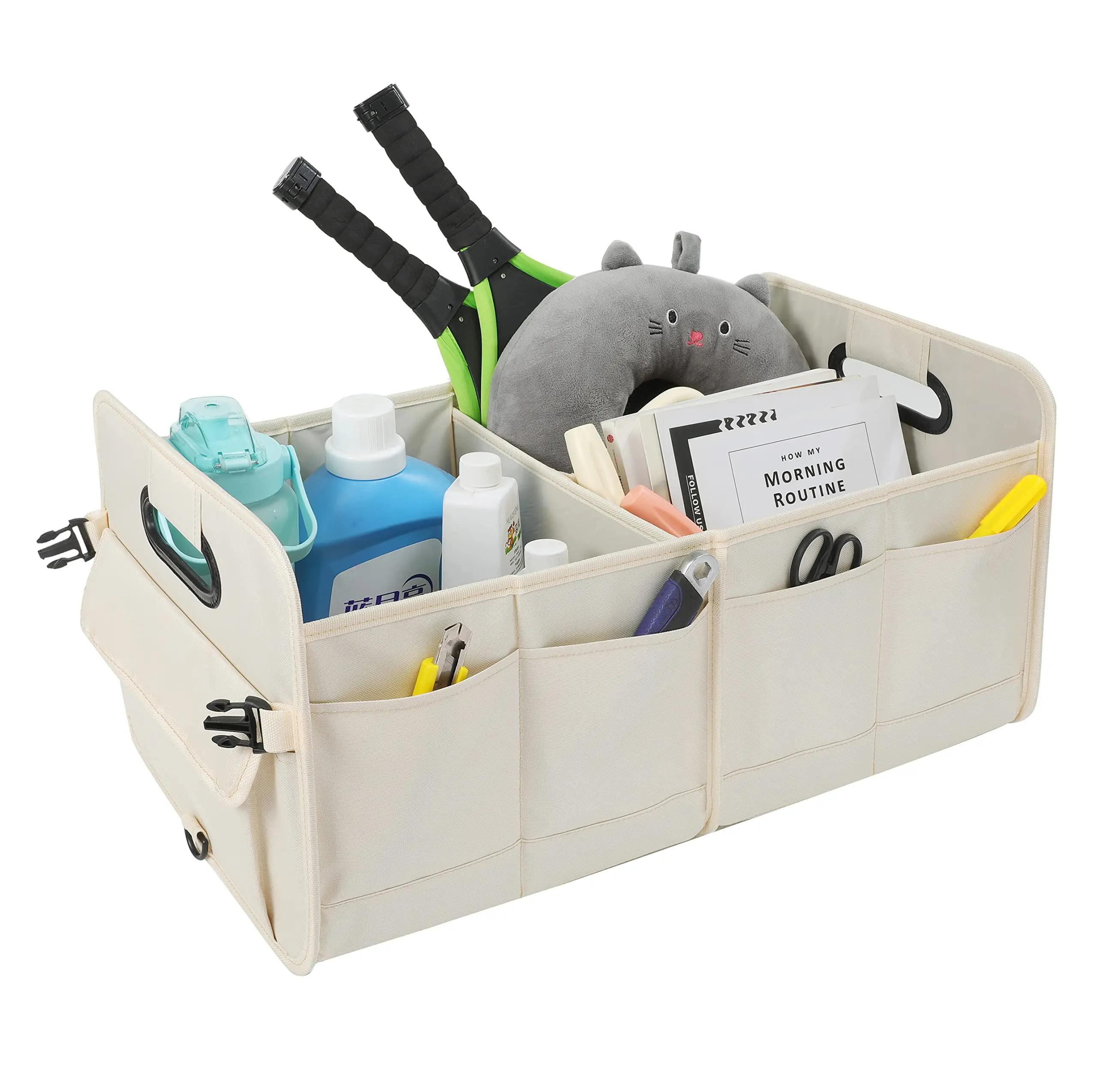 2024 QQgift Wholesale OEM Custom Beige Car Trunk Organizers For SUV Car Storage Collapsible Multi Compartment Adjustable Straps