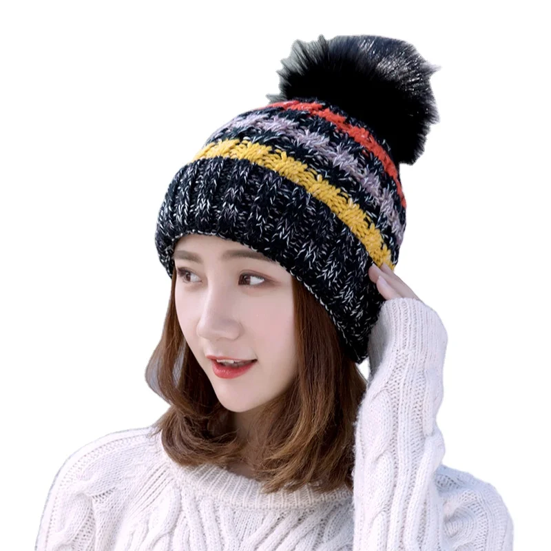 HK09 Wholesale new fashion women men crimped wool Autumn and winter hats outdoor ribbed fur knitted  ball warm knitted caps