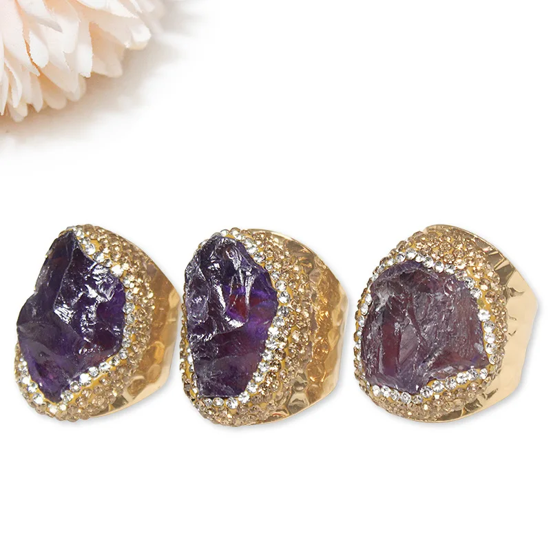 Trendy Women Ring Vermeil Emerald Amythst Citrine Target Diamond Natural Stone Quartz Cuff Adjustable Jewelry Wholesale