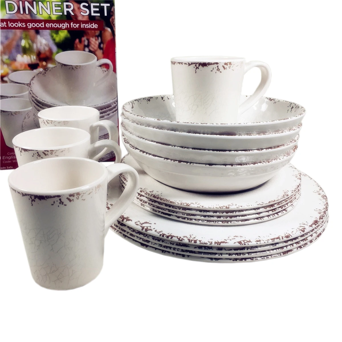 
wholesale EU food grade 16 pieces hard plastic reusable melamine cream rustic vintage round dinner plate bowl dinnerware set 