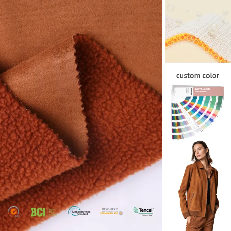 China Factory Hot Sale Thermal Thick Polyester Cotton Sherpa Backed Suede Fleece Fabric for Winter Coat and Jacket