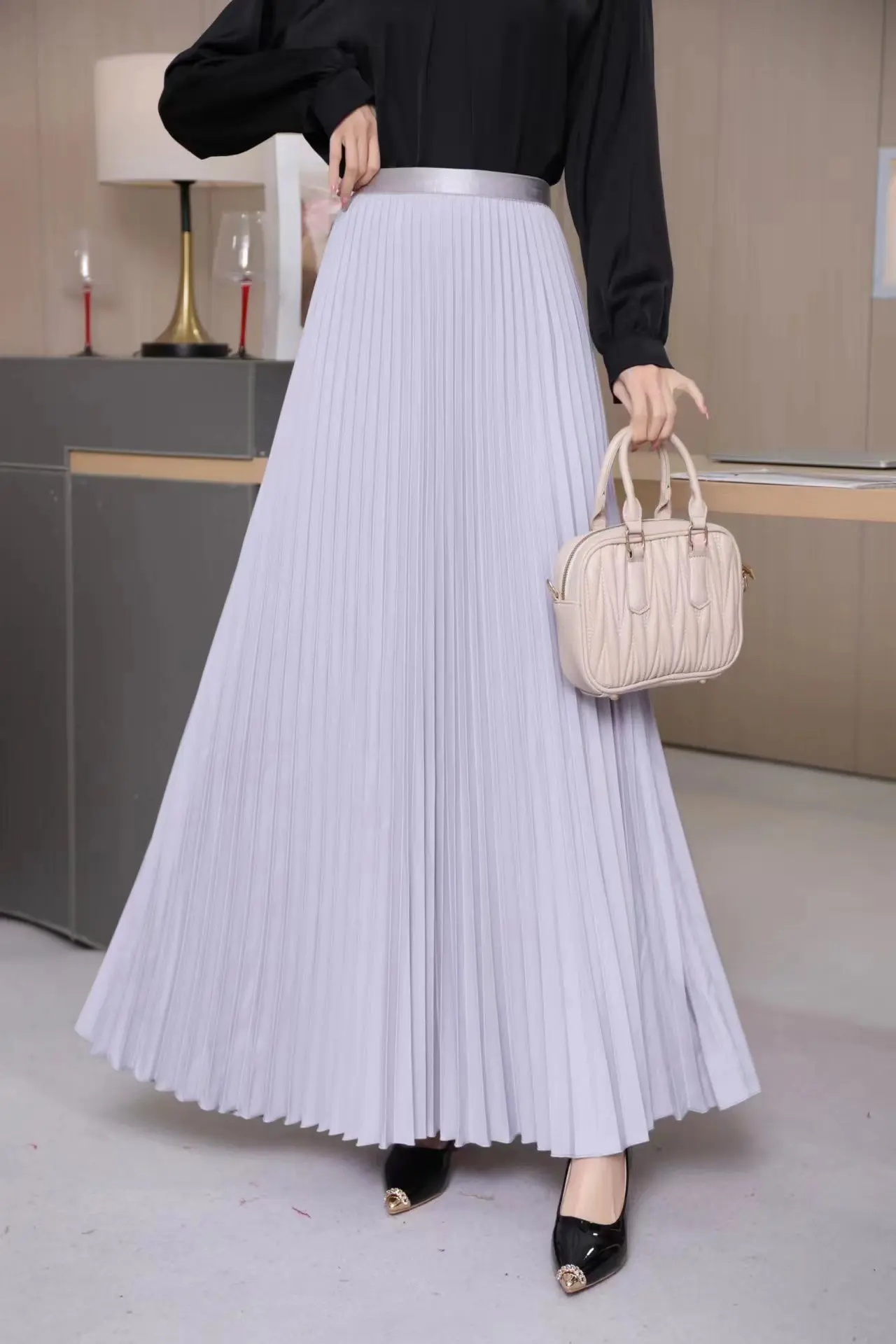 2024 Long Pleated Skirt Women Summer Elegant Plain Korean Casual Simple Temperament High Waisted Midi Skirts