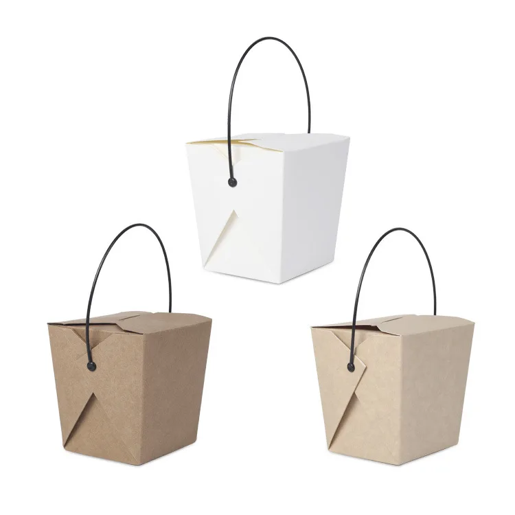Customized Logo Disposable 16/26/32 oz Kraft Paper Salad Rice Noodle Boxes Take Away Food Grade With Handle Cardboard Material