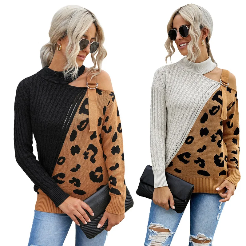 Hot Sale Fall 2022 Women Clothes Long Sleeve Asymmetrical Leopard Crochet Design Ugly Sweater Women