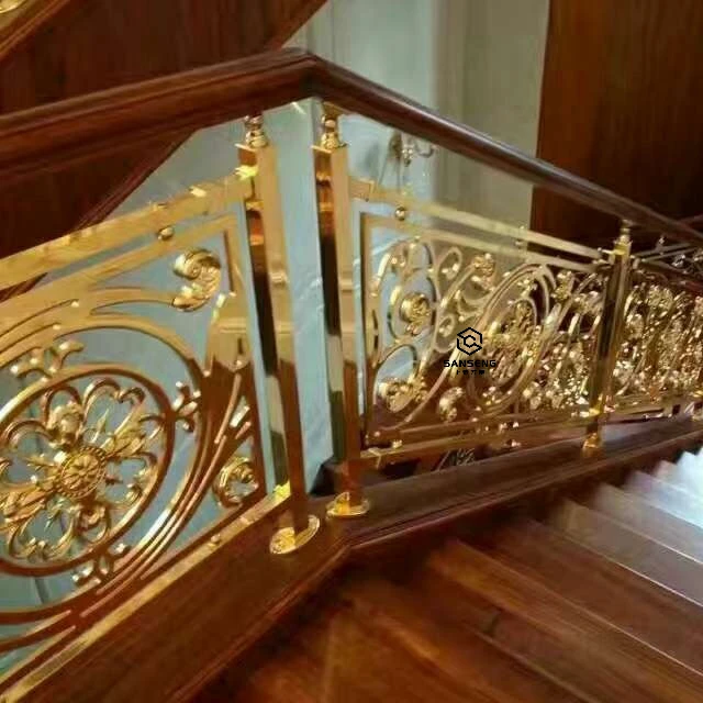 Роскошный курорт Вилла из массива дерева поручни золотые алюминиевые изогнутые лестницы алюминиевая спиральная лестница перила дизайн