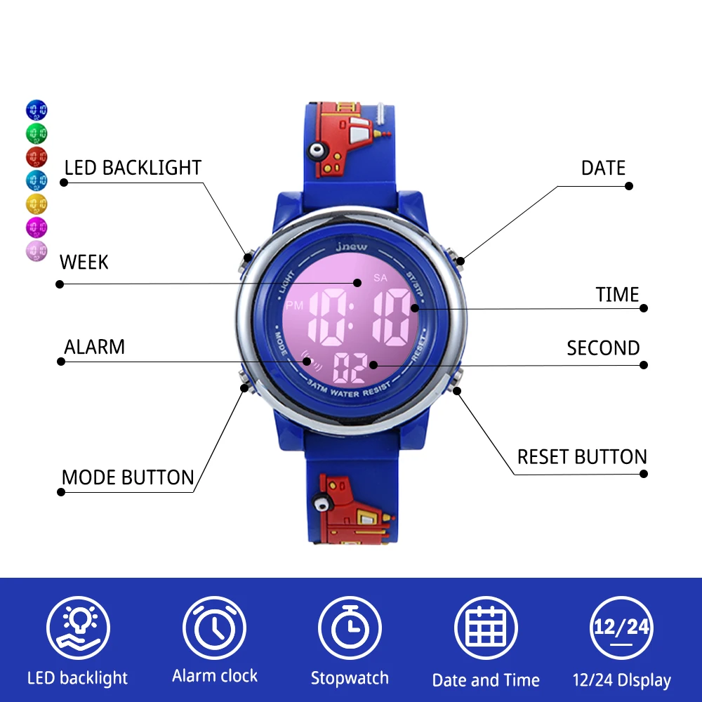 Sports Watch Timed Alarm Clock Kids Children Wrist Watch Pc Wrist Stop Digital Stopwatch 3ATM Waterproof LED PU Acrylic Round 21