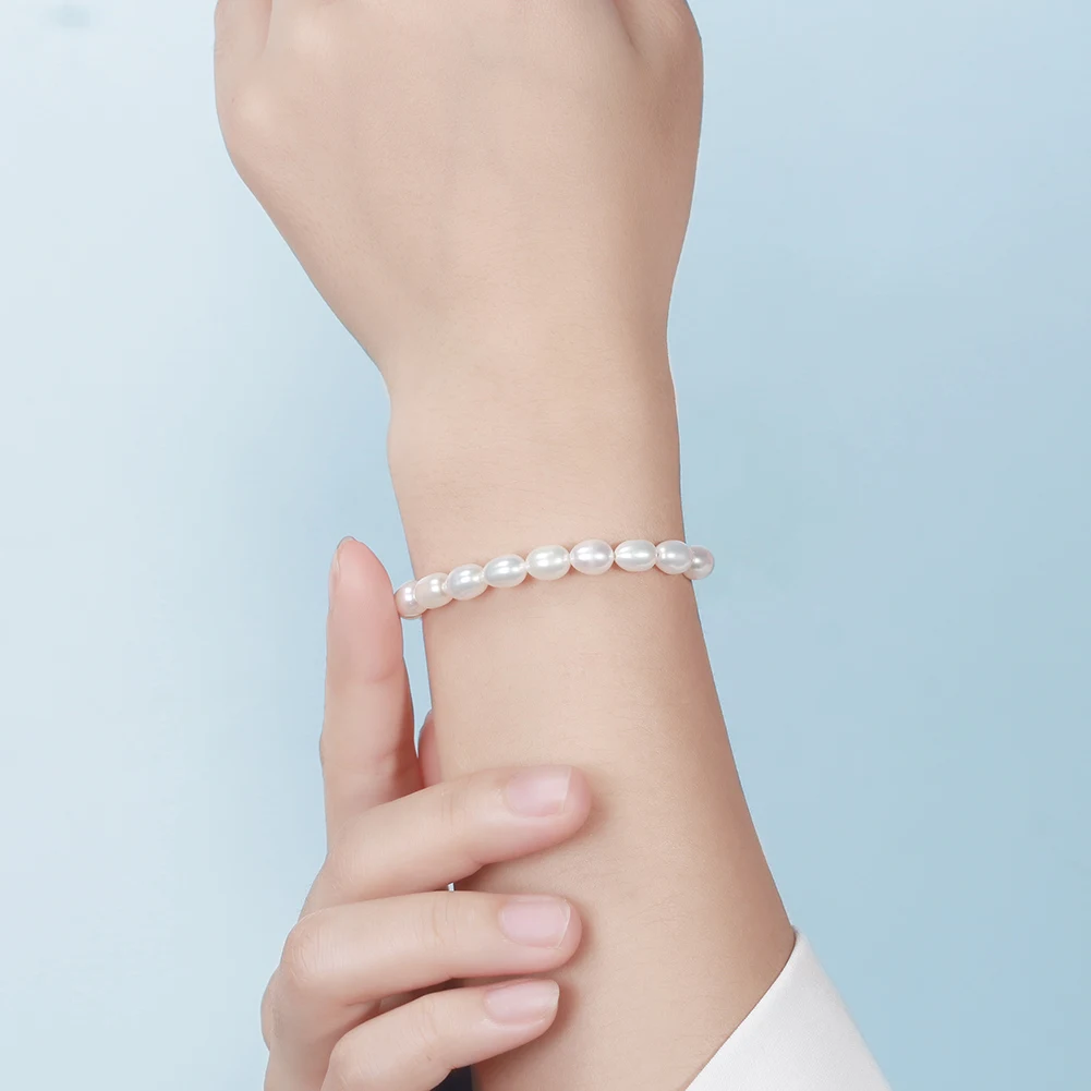 RINNTIN GPB11 Best Quality 5- 6mm White Beaded Bracelet 925 Sterling Silver White FreshWater Pearl Bracelet for Women