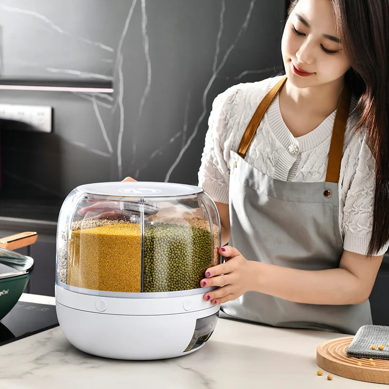 Rice Dispenser Kitchen Moisture-Proof 6-Grid Rotating Food Grain Dispenser Cereal Storage Box Rice Container Dispenser