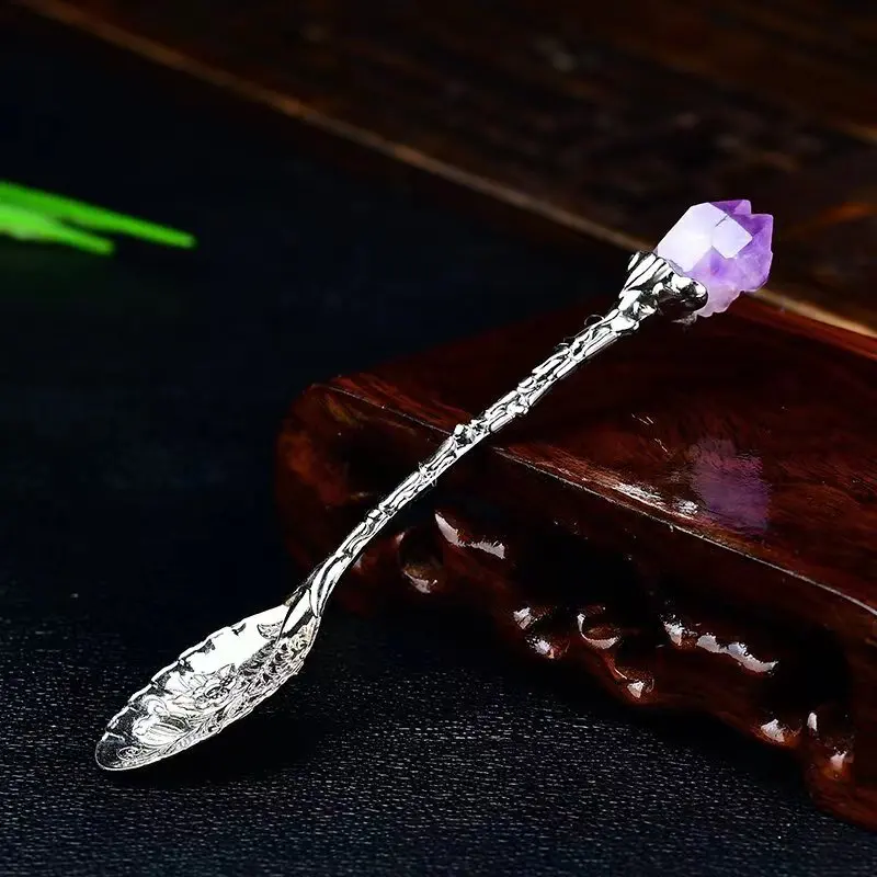 Natural best selling Amethyst Cluster Stirring Energy mineral Crystal Teaspoon Coffee Spoon for gift Kitchen Supplies decoration