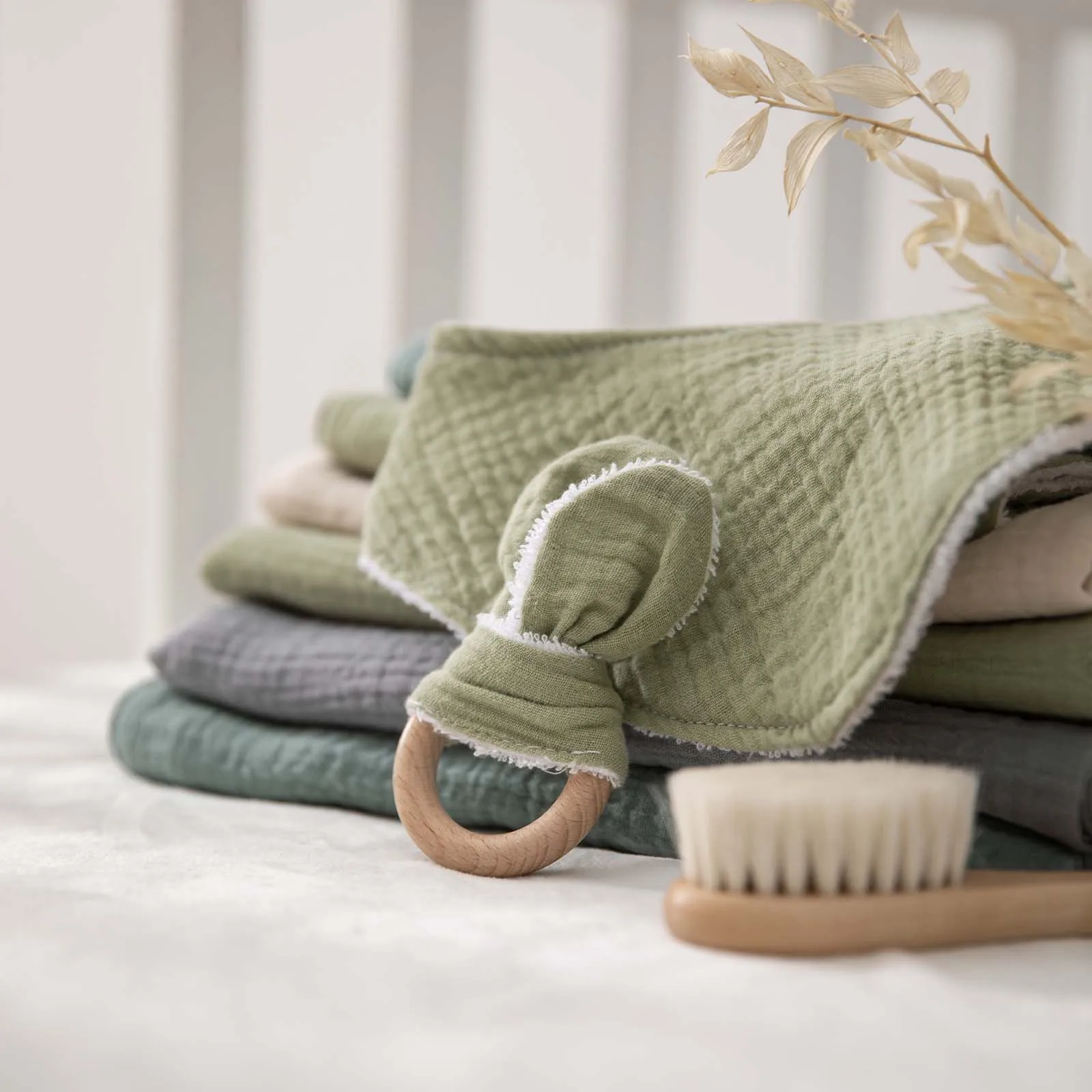 100% Cotton Baby Bib Burp Rattle Brush Newborn Gift Product Set