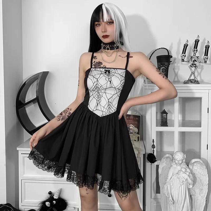 Gothic Spider Web Black Trending Dresses Spaghetti Strap Design Woman Summer Dress Skater Dresses Short