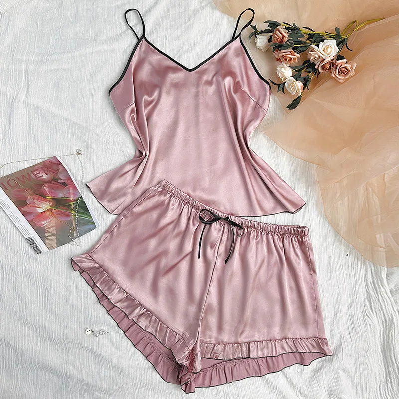 2024 Fashion New Cross Border European And American Plus Size Cool Casual Comfortable Sling Silk Sexy Loose Shorts Two Piece Paj