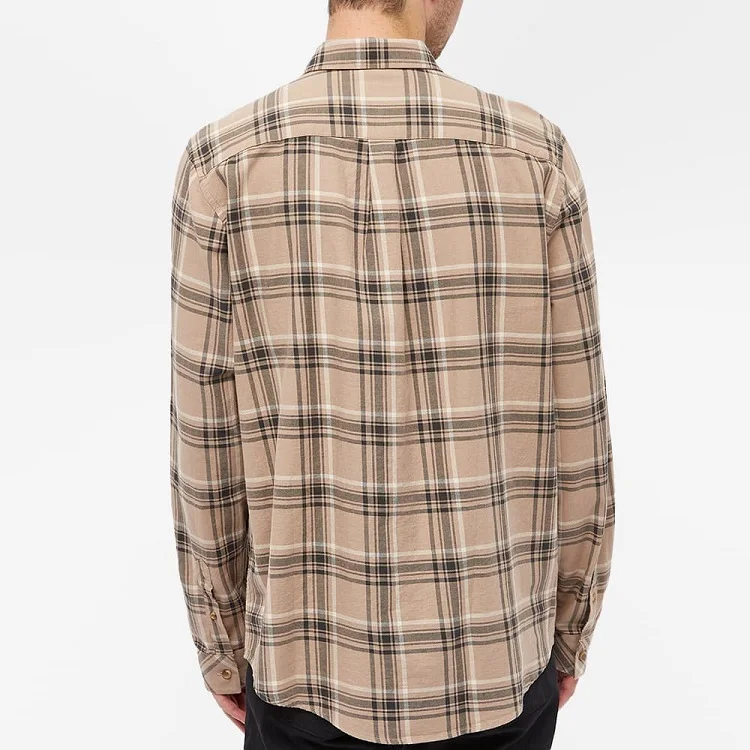 OEM Custom beige long sleeve buttoned collar casual plaid shirt for men