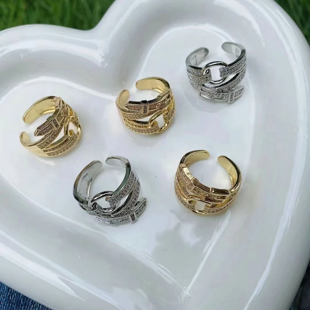 Adjustable Fashion Gold Plated Zircon Belt Buckle Charms Jewelry Copper Brass Ring for Party Gift