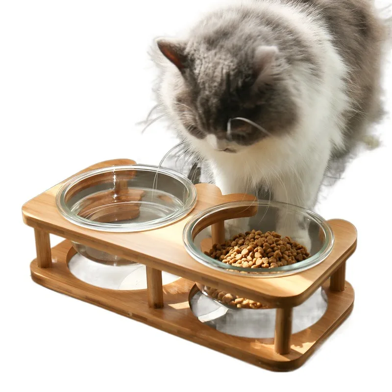 Glass Cat Bowl food basin food bowl dog basin dog bowl drinking double cervical protection glass Pet