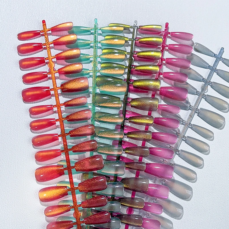 30 PCS Multi Colors Glossy Fashion Coffin Nail Tips Full Cover Cat Eye Press on Nails