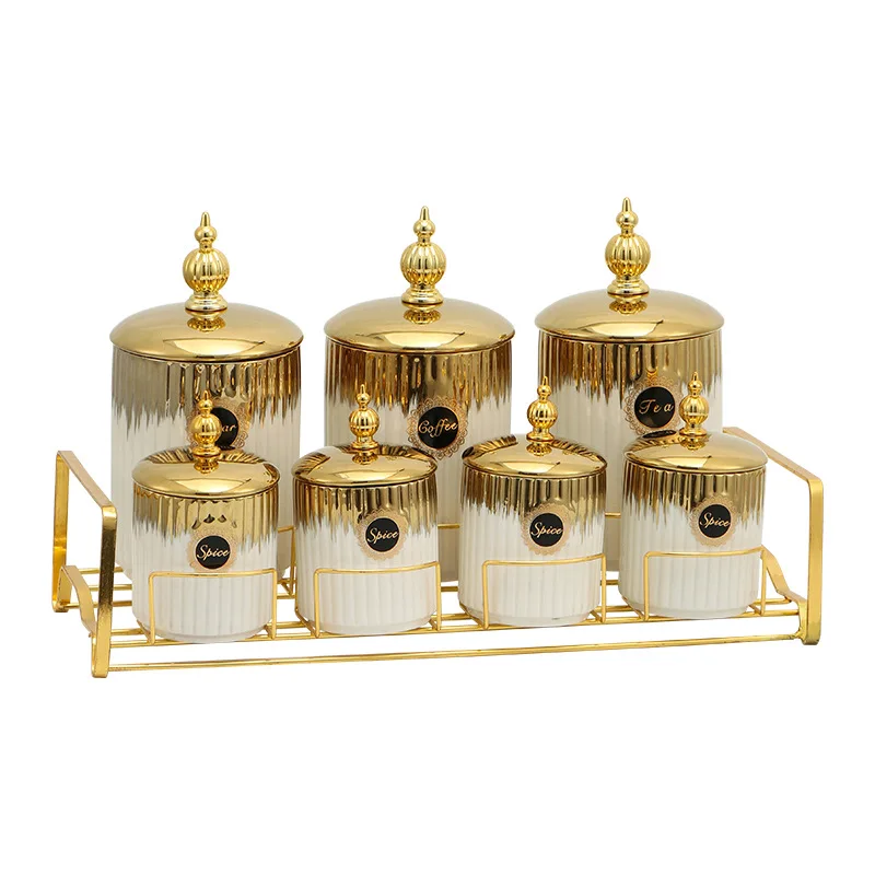 Spicy Pot Set Rack Condiment Pot Set BIYOU and Gold Hot Selling Middle East Arabic Style Ceramic 7, for Family Kitchen Food