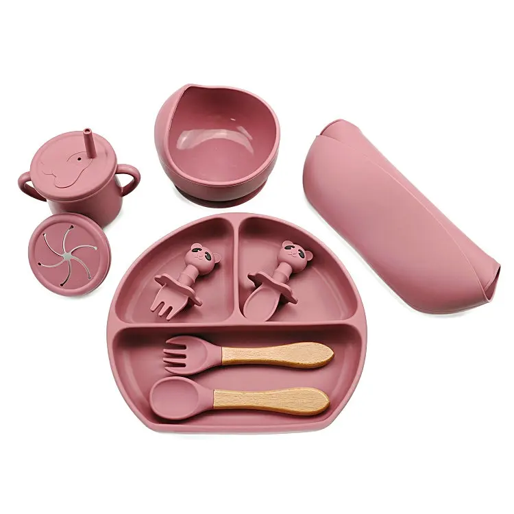 Custom Logo Food Grade Toddler Bib Feeding Set 6Pc Tableware Wholesale Silicone Baby Feeding Set Bpa Free