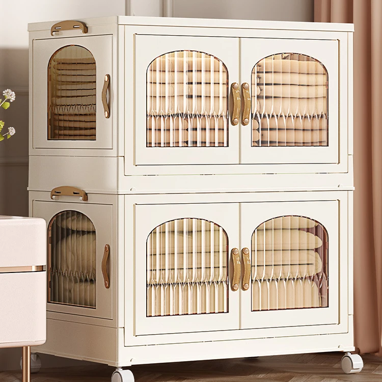 Collapsible Toy Storage Bins with Lids Stackable Cabinet Organizer with Caster Wheels and Double Door