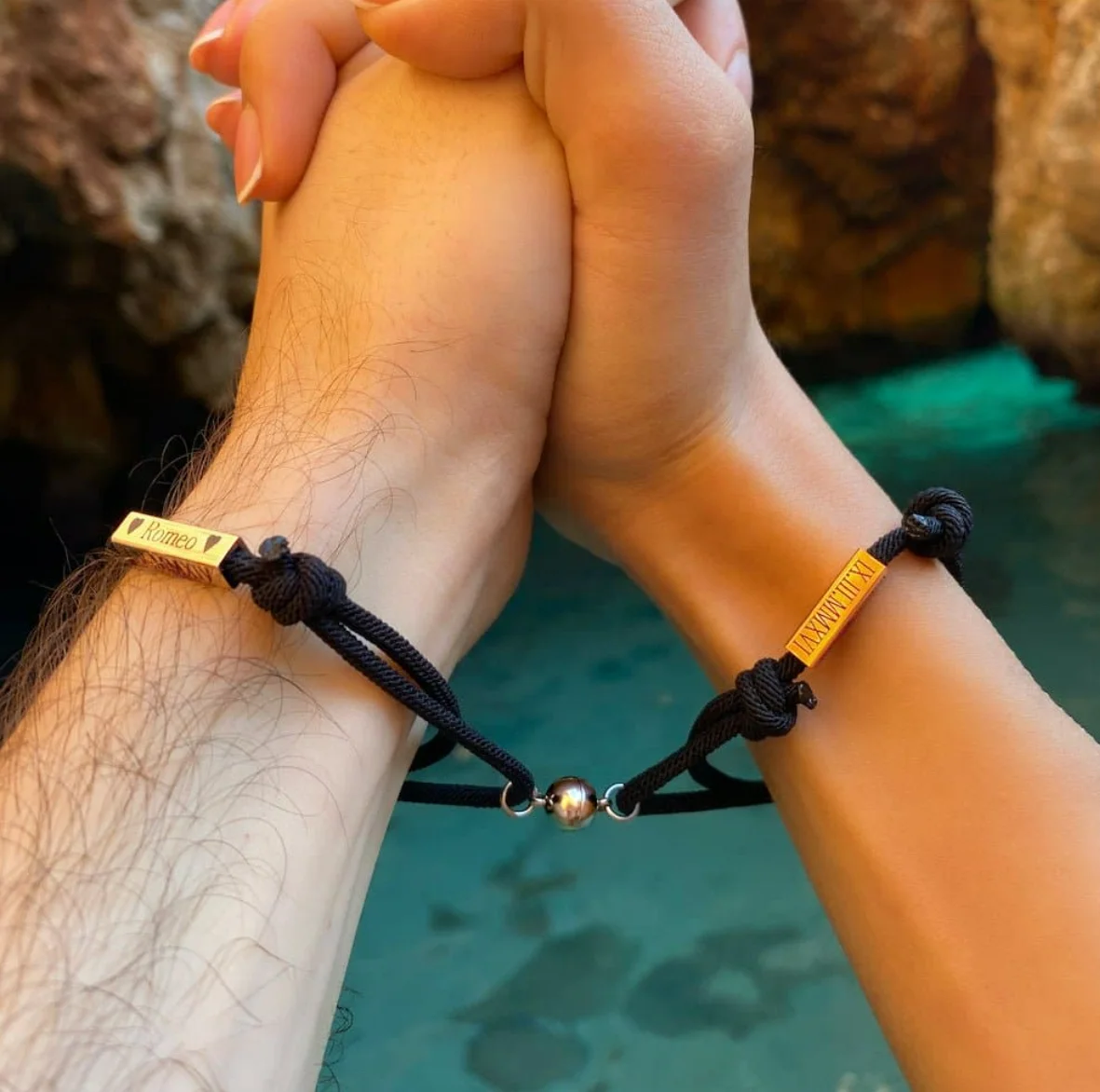 Manufacture engraved charm stainless steel wrap rope bracelet for couples magnet connect ball couple bracelet