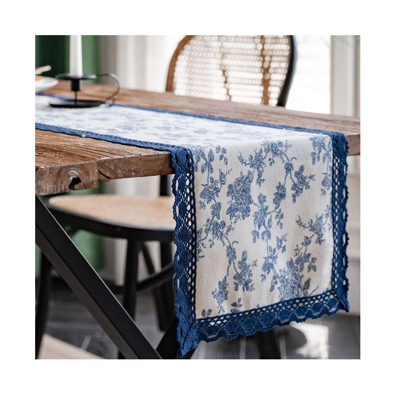 Buti print design Printed rustic blue rose flowers art festival Decorative Table Runner