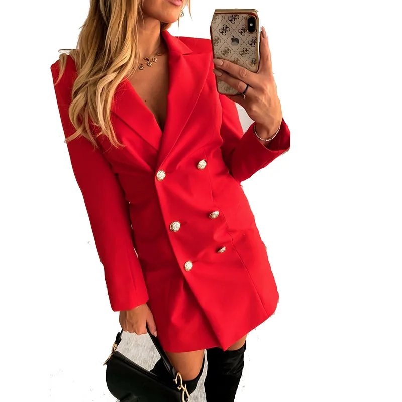 Women Business Mini Dress Elegant Office Ladies Clothes Double Breast Winter Autumn Female Blazer Mini Dress Vestidos Outwear