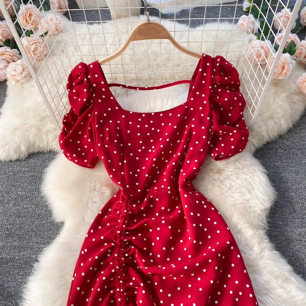 Custom square collar wave dot dress short sleeve 2023 new summer French closed waist large hemline maxi skirt