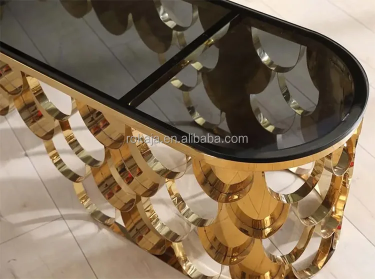 Luxury Wedding Dining Table Set Hotel Event 8 10 People Oval Shape Fish Scales Gold Stainless Steel Manger Mirror Buffet Table