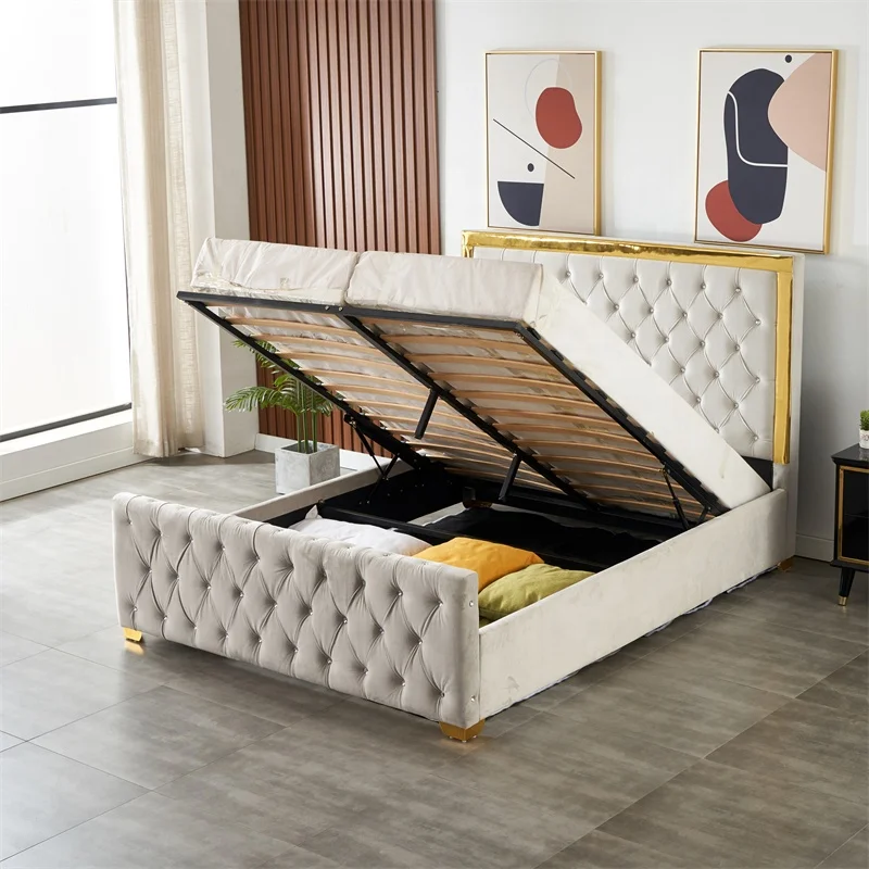 Mirror Padding Headboard Premium crystal tufted velvet upholstered platform bed King Size Storage Bed