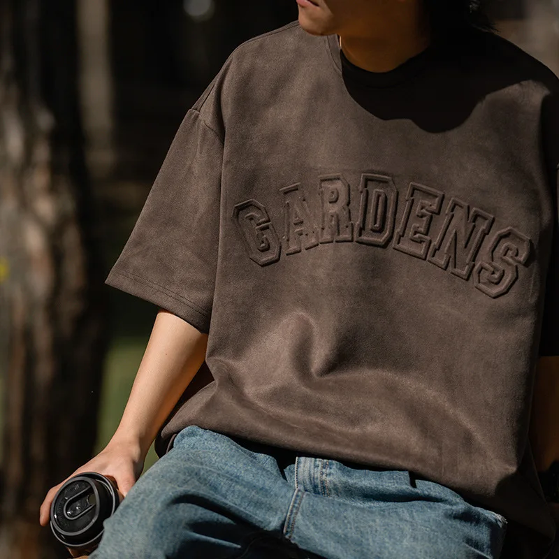 Heavy Suede short sleeve T-shirt men fashion retro three-dimensional alphabet press colloidal T-shirt