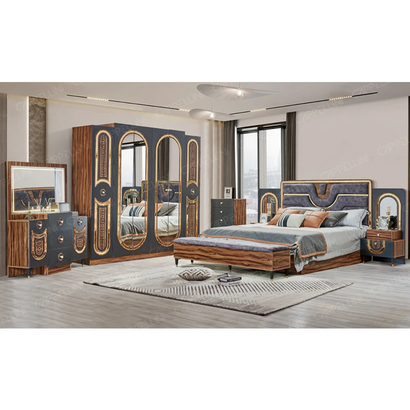 Turkish Royal Style Wood Frame Double King Size Bed Home Wooden Mdf Full Leather Modern Luxury Master Bedroom Furniture Set