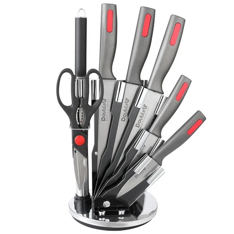 Hot selling 7 pcs stainless steel kitchen knives set with Acrylic block kitchen scissors sharpener butcher cleaver chef knife