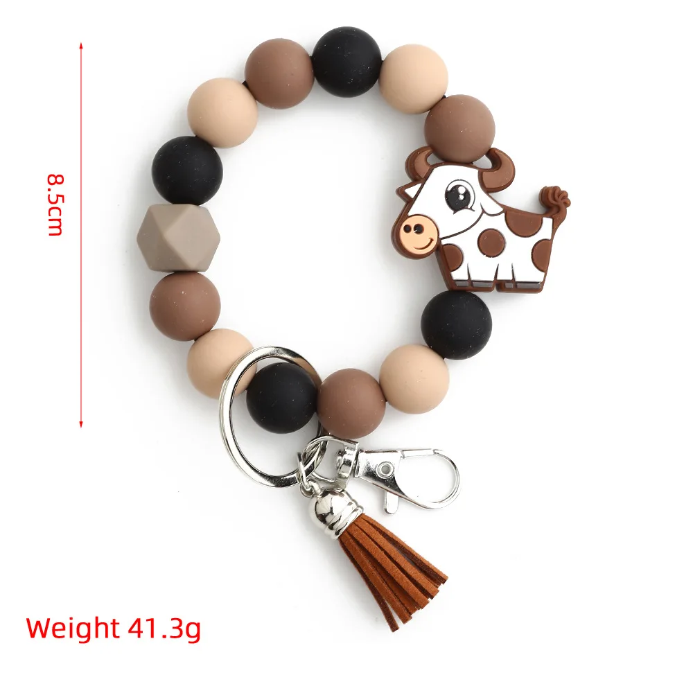 New Creative Cartoon Cow Elk Butterfly Wristlet Tassel Keychain For Girls Silicone Beads Bracelet Keychain Bag Pendant