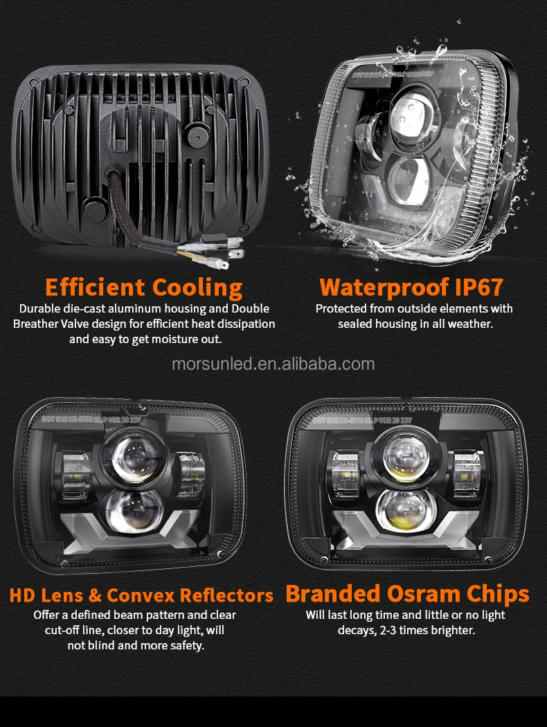 DOT Emark 5x7' inch led headlight with halo DRL Turn Signal light for Jeep accessories square led lights 12v