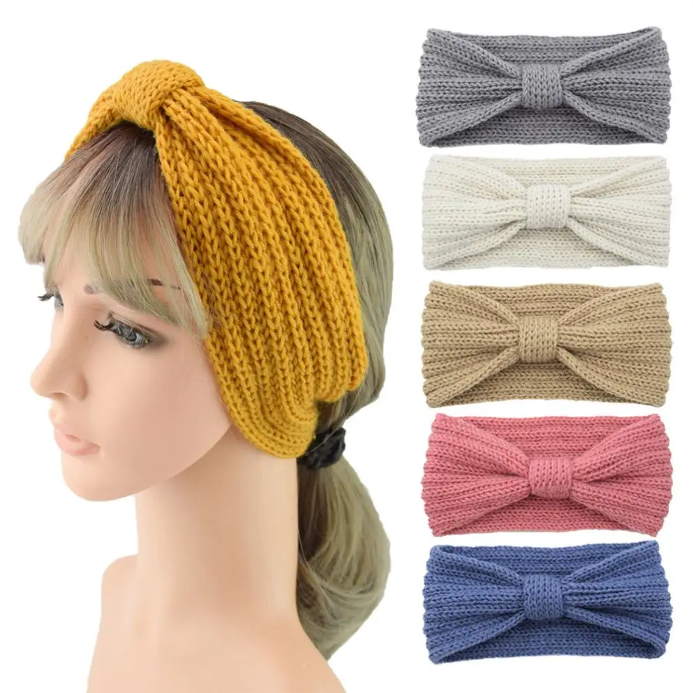 Lady Boho Bandeau Headbands Wide Knot Hair Band Elastic Turban Winter Fashion Crochet Knitted Wide Bow Turban Hairbands 8230162