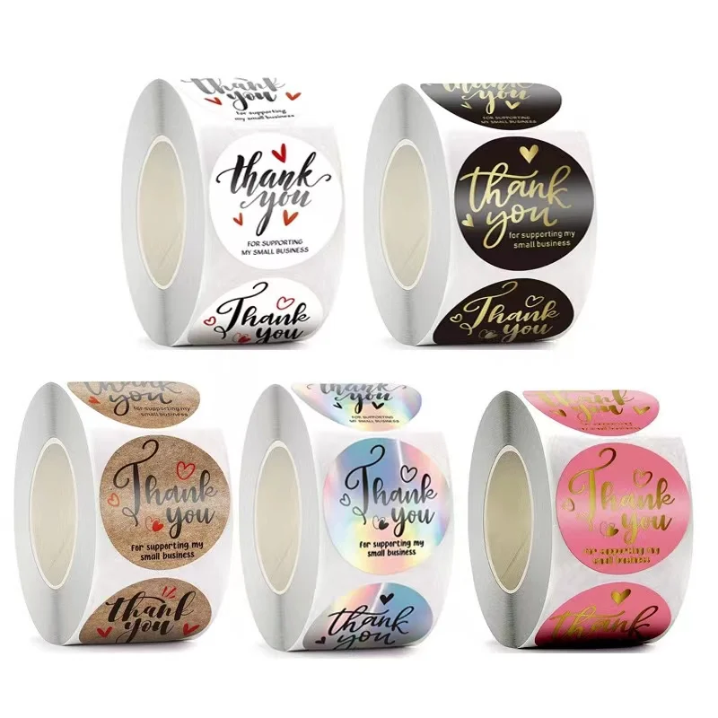 Custom Black Thank you Sticker Roll Kraft Paper Vinyl Labels Seals Round Wedding Decoration Envelope Gift Stationery Sticker