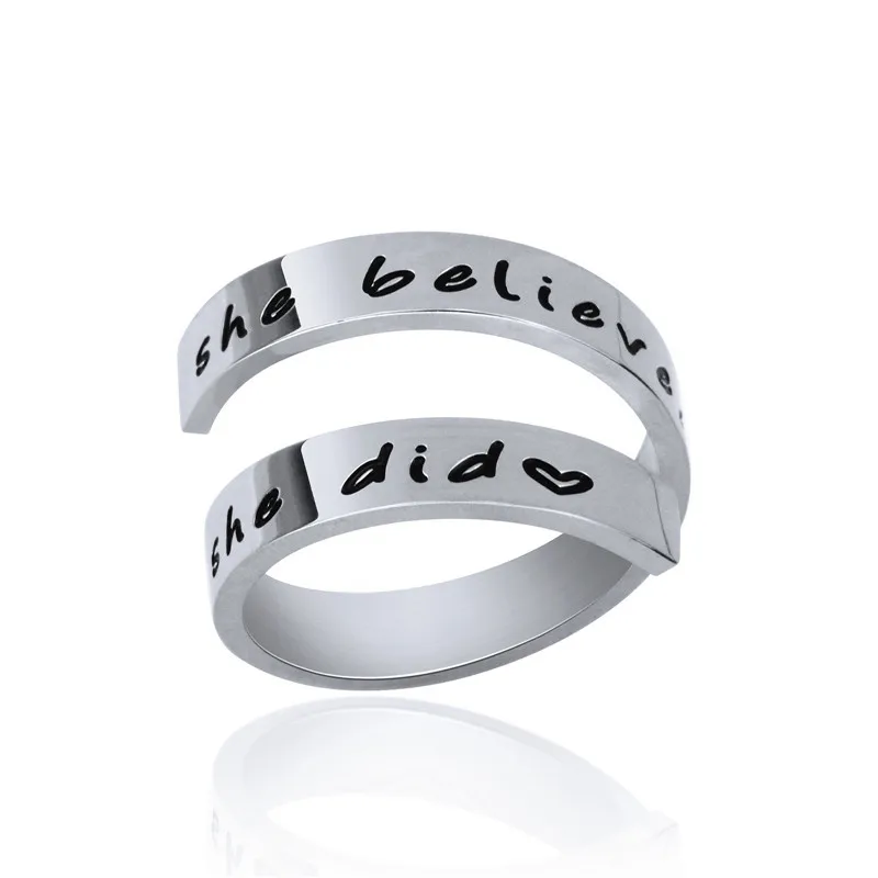 She believed she could so she did stainless steel adjustable ring open spiral index finger letter rings men women