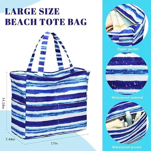 Large Tote Beach Bag Waterproof Sand proof Beach Pool Bag with Zipper and Wet Pockets Shoulder Bag