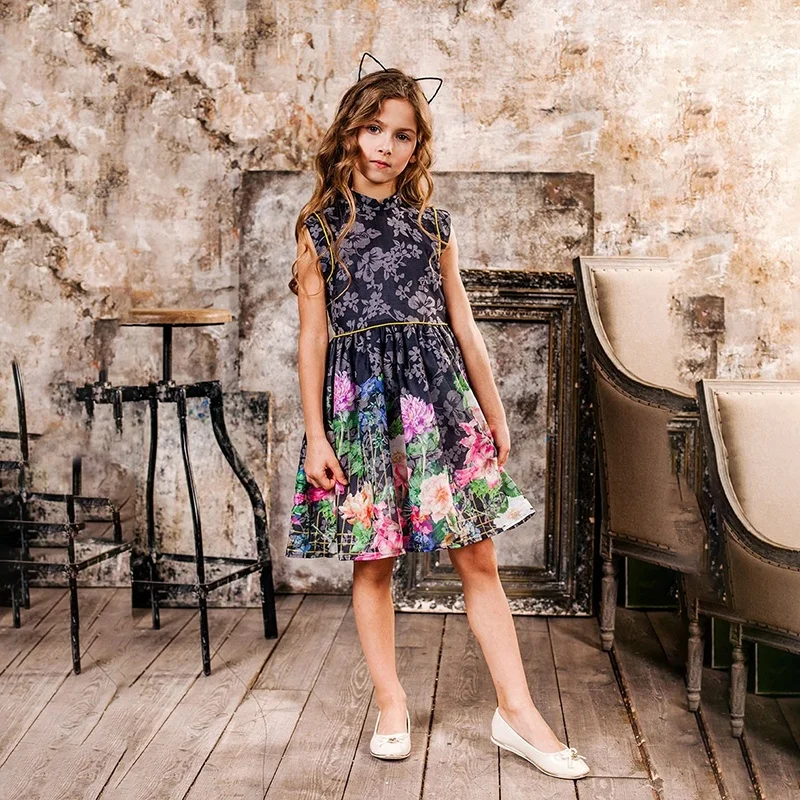Huaduo OEM/ODM Summer Design Girls Flower Print Style Dress Kids Princess Dresses For Girls Children Party Dress 4-14 Years Old