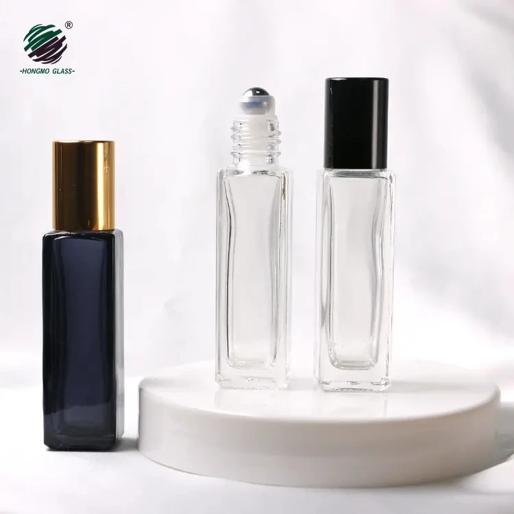 Wholesale 10ml Square Clear Black Glass Perfume Essential Oil Glass Roll On Bottle Roller Bottle
