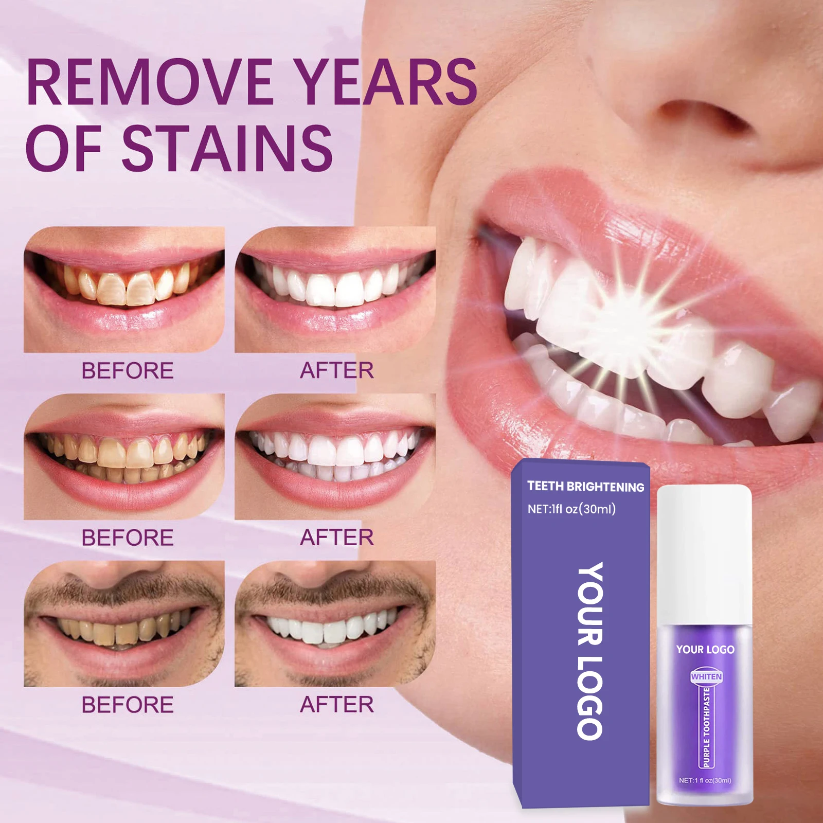 best seller custom logo organic natural v34 purple wholesale private label toothpaste for teeth whitening