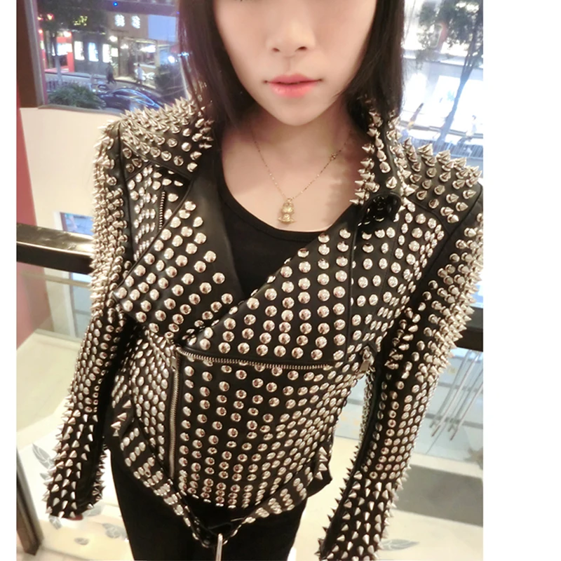 women turn down-collar Jacket European and American punk style  metal rivets slim washed PU leather Front zipper closure  coat