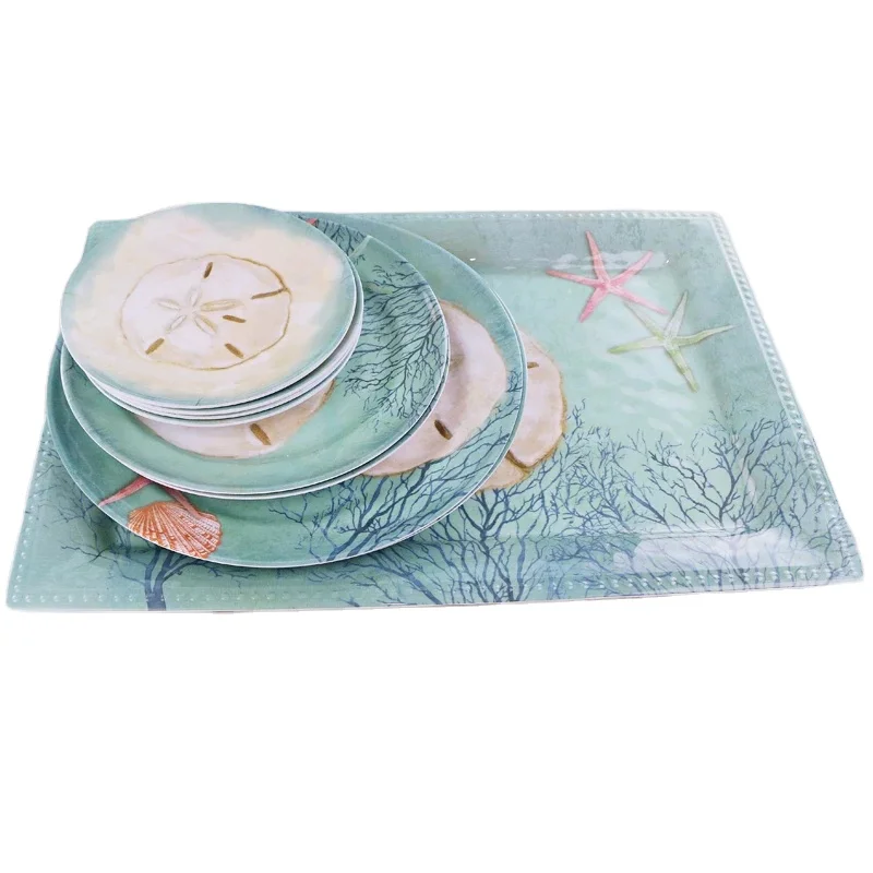 Custom  Sea Turtle Dinnerware Melamine Restaurant Rectangle Tray Round Plate Tableware Sets for Party