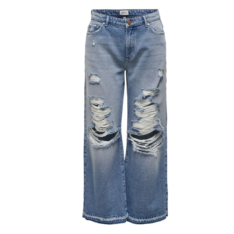 Wholesale Custom Women Fashion Button And Zip-Fly Fastening Mid-Rise Ripped Wide Leg Jeans