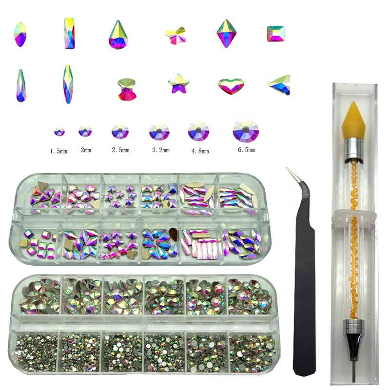 2000pcs Crystal AB Flat Back Nail Rhinestone Plus 120pcs k9 Crystal Stones Nail Rhinestones Set