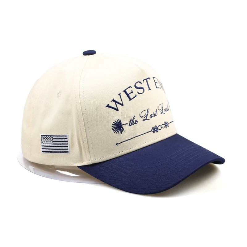 Whole Sale Custom  Fedora 5 Panel  Cap Two Tones Foam Hats Two Tone White Blue  Fitted  Hat Bulk