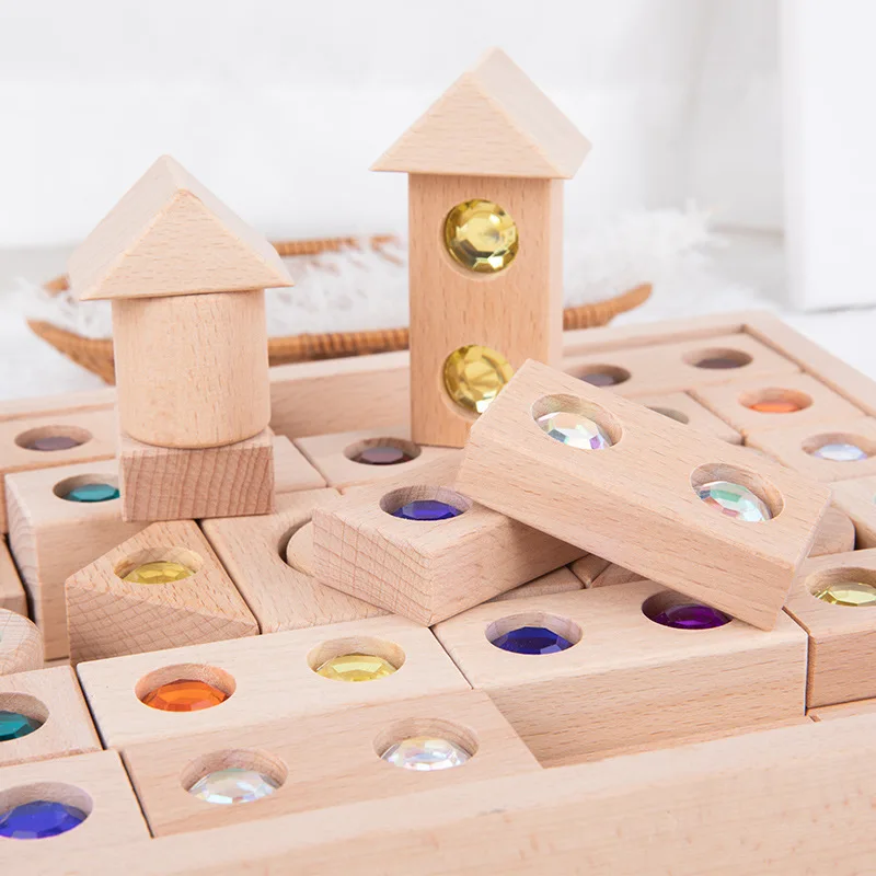 Wooden Acrylic Gemstone Building Blocks Dazzling Rainbow Crystal Children Construction Patchwork Pile Educations Toys For Kids