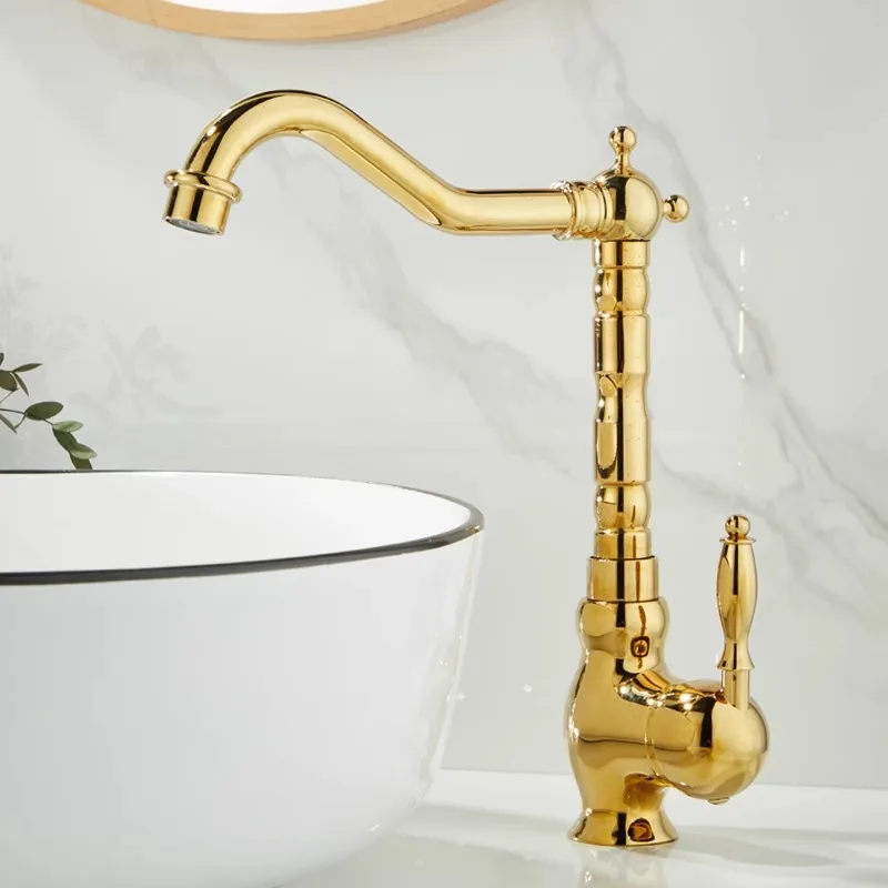 French Retro Gold Basin Faucet Bathroom Counter Basin Face Wash Basin Full Copper Hot and Cold Home Ceramic Fujian Polished Obou