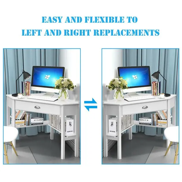 White Color Modern Wooden Cheap Computer Desk with Drawer and Shelf Corner Table for Living Room